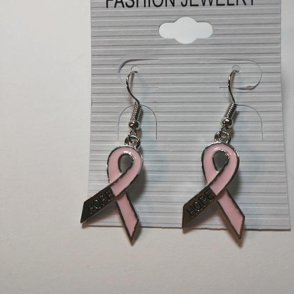 🆕Silver Light Pink Hope Ribbon Enamel Earrings Fish Hook Dangling 1 1/2" - Picture 3 of 7